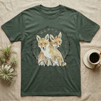 Green t-shirt featuring a circular design of two foxes and oak leaves.