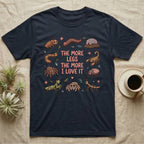 Invert More Legs T-Shirt in Navy — Ten cartoon roaches, isopods, scorpions and other inverts around coral-pink words THE MORE LEGS THE MORE I LOVE IT