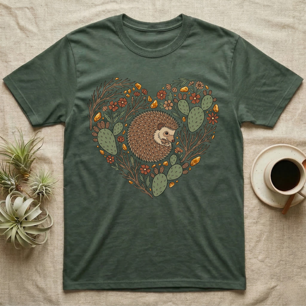 Green t-shirt with a heart-shaped design of a hedgehog, cacti, and flowers.