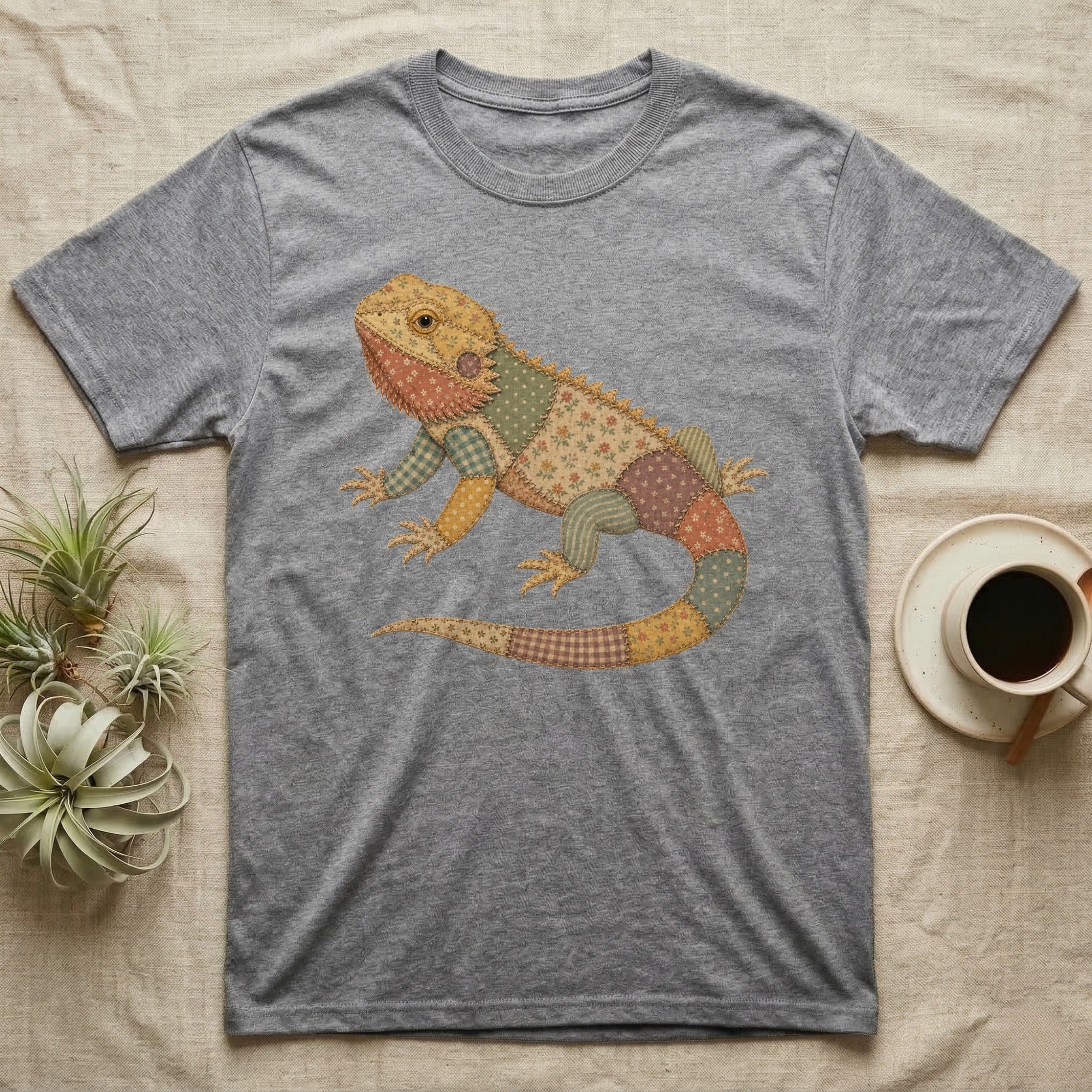 Grey t-shirt with a patchwork-style lizard graphic.