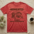 Snapping Turtle Judgements T-Shirt in Heather Red — Engraved snapping turtle standing, head forward, with the words Honestly, I Make Snap Judgements