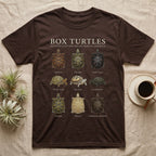 Box Turtle Chart T-Shirt in Dark Chocolate — Watercolour chart of nine named North American box turtles under a cream serif Box Turtles title