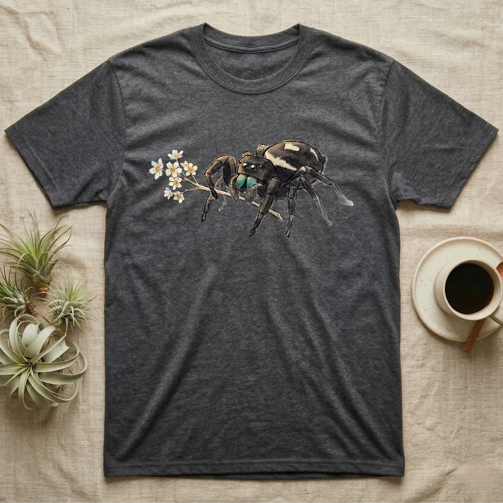 Jumping Spider Blossom T-Shirt in Dark Heather — Watercolor illustration of a black regal jumping spider with iridescent eyes holding a tiny wildflower sprig, on a dark grey t-shirt.