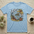Light blue t-shirt with jumping spider and floral design.