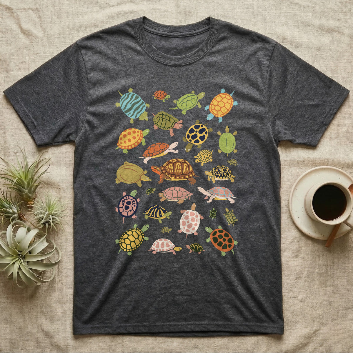 Box Turtle Specimen Plate T-Shirt in Dark Heather — Twenty-five turtles and tortoises painted flat in chalky colour, scattered across grey, each facing a different way.