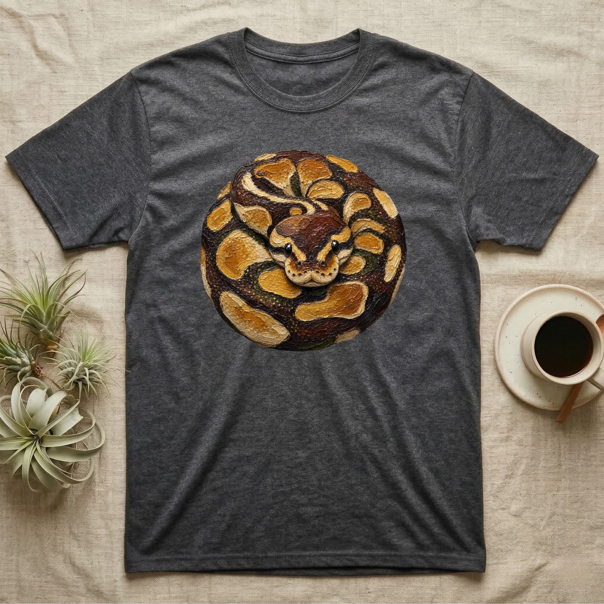 Dark gray t-shirt with coiled snake illustration on a textured surface.