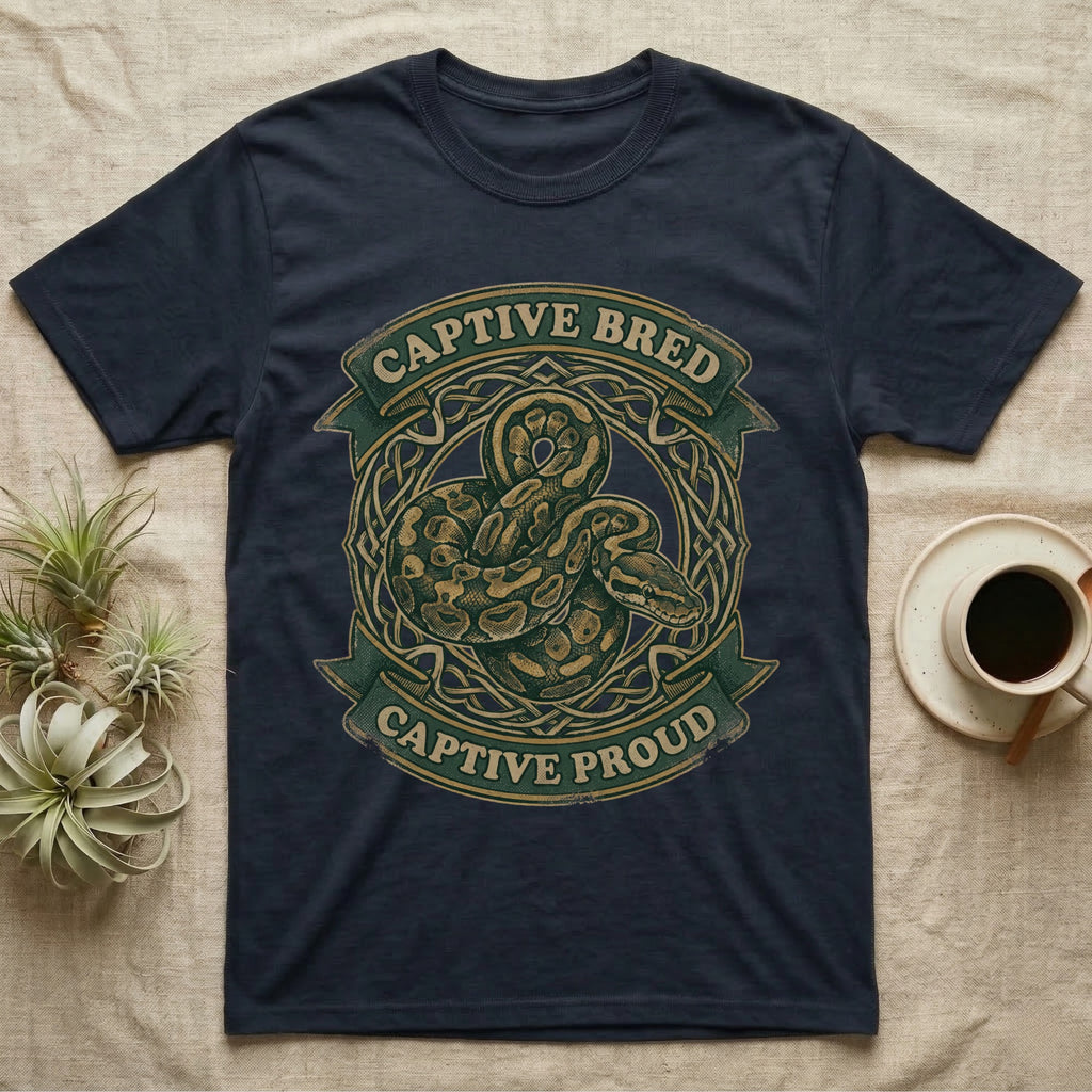 Ball Python Breeder Crest T-Shirt in Navy — Vintage heraldic crest of a coiled morph ball python with captive bred captive proud banner text.