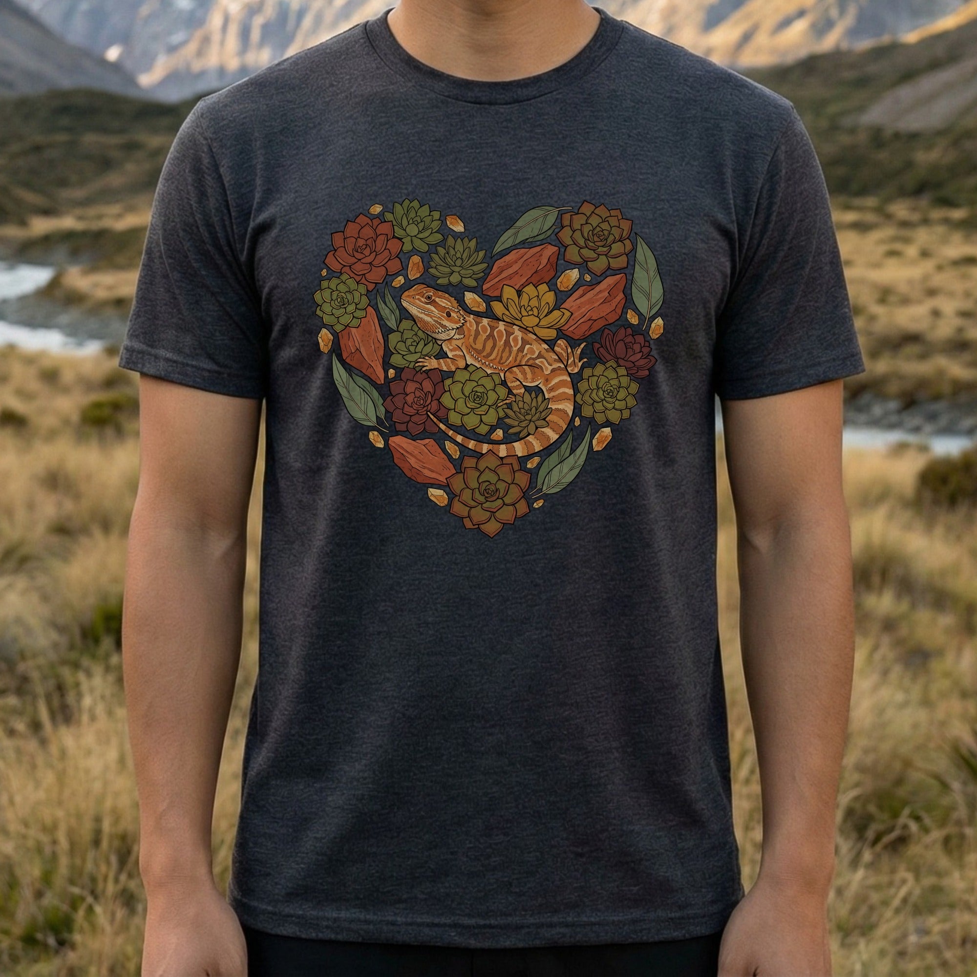 Lizard And Succulent Heart Design Graphic Tshirt