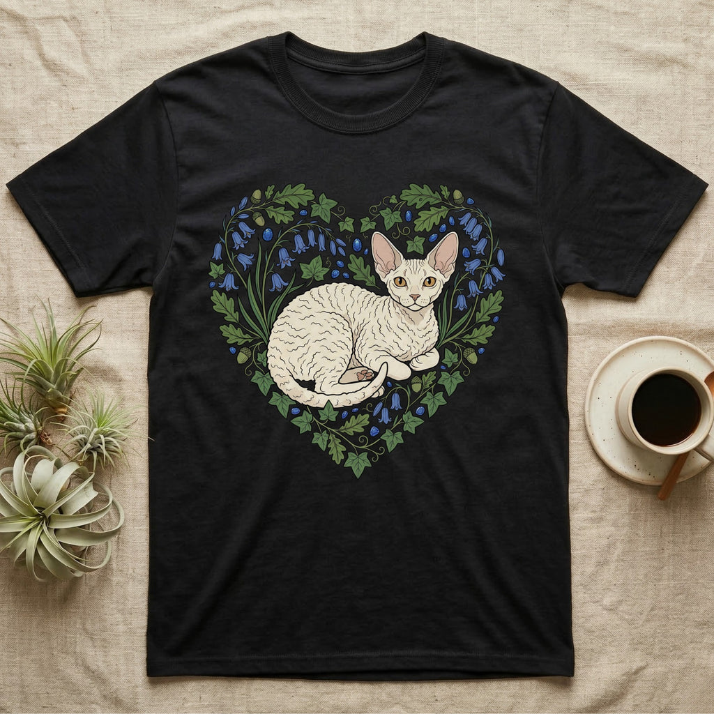 Black t-shirt with a heart-shaped floral design featuring a white cat.