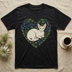 Black t-shirt with a heart-shaped floral design featuring a white cat.