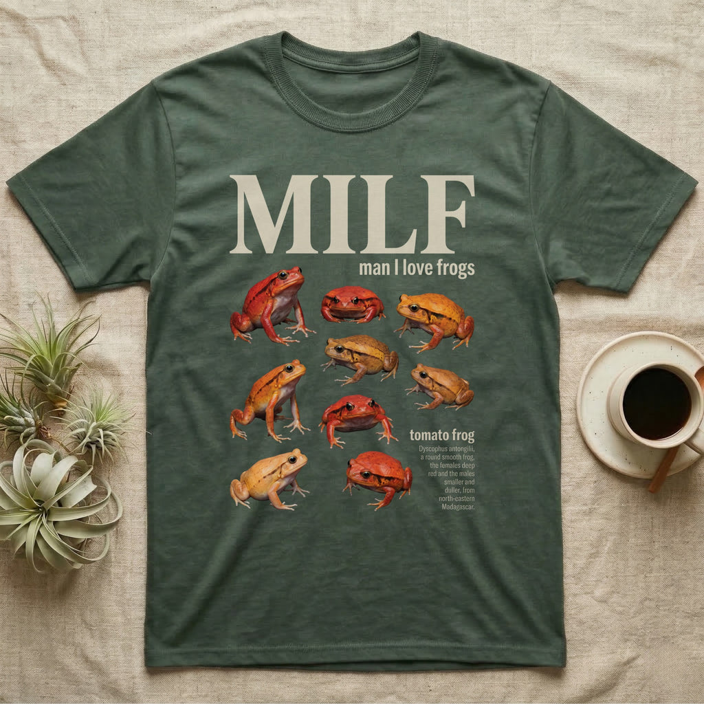 Tomato Frog MILF T-Shirt in Military Green — Seven tomato frogs in a cut-out photo collage under the huge cream word MILF, man I love tomato frogs.