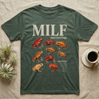 Tomato Frog MILF T-Shirt in Military Green — Seven tomato frogs in a cut-out photo collage under the huge cream word MILF, man I love tomato frogs.