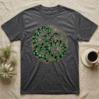 Dark gray t-shirt with green and gold snake yin-yang design.