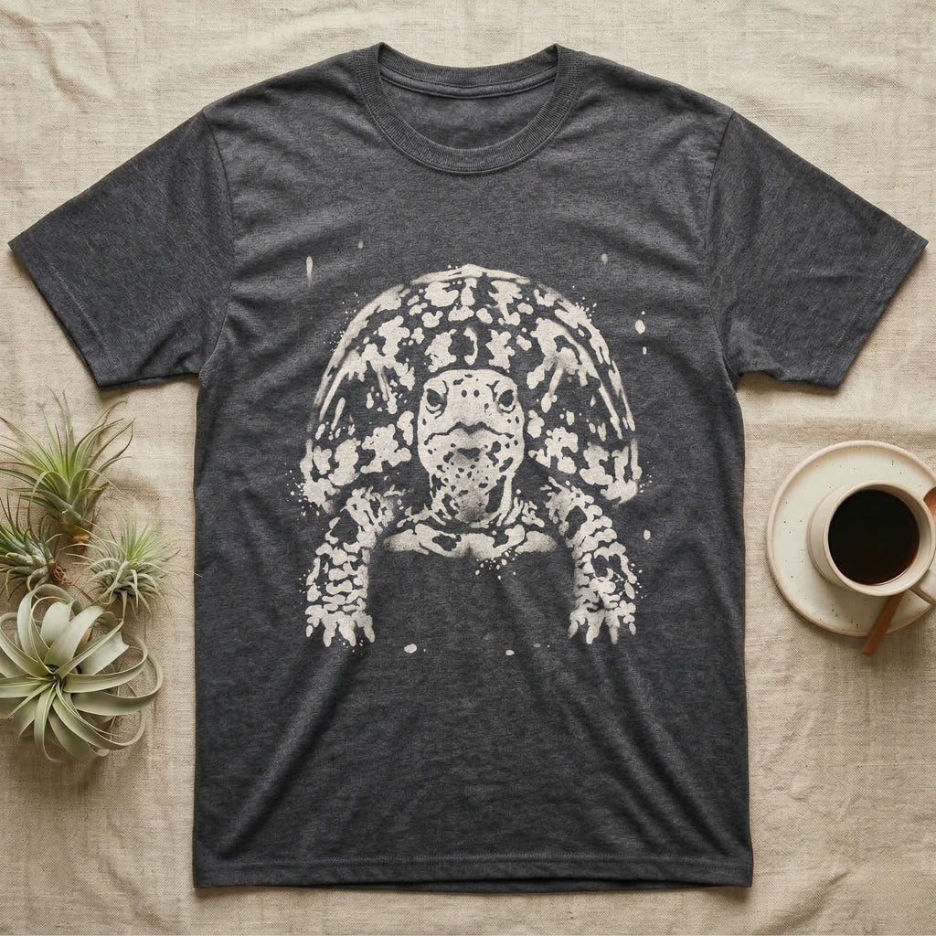 Eastern Box Turtle Bleach T-Shirt in Dark Heather — Eastern box turtle facing forward, its domed shell and legs emerging from pale bleach spatter on a black ground.