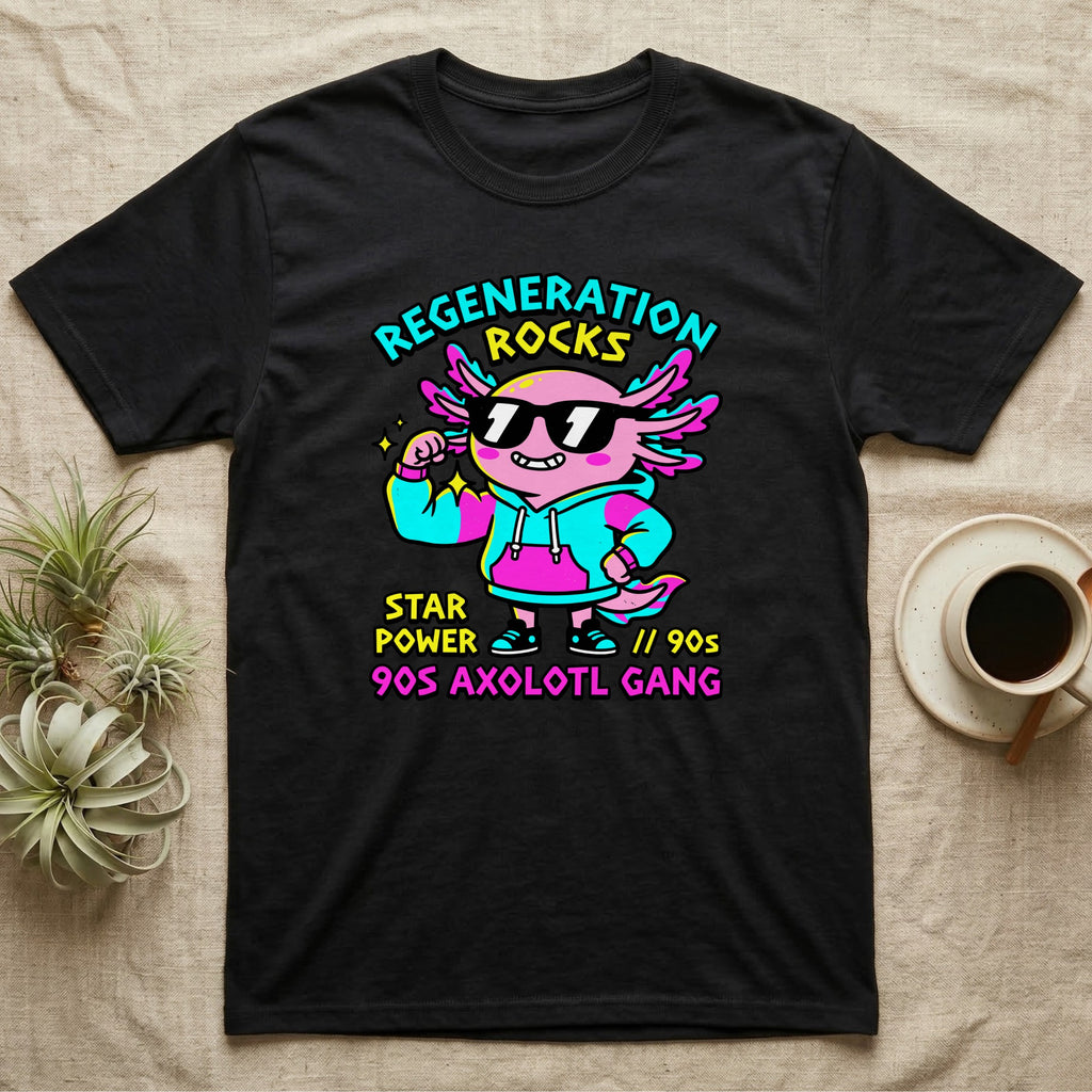Axolotl Regeneration Rocks T-Shirt in Black — Neon 90s cartoon pink axolotl in shades flexing under "Regeneration Rocks" lettering.