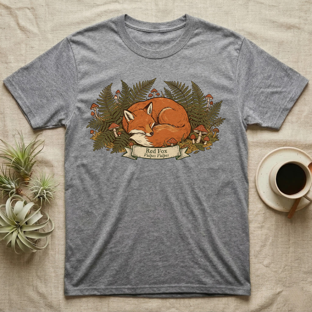 Grey t-shirt with sleeping red fox, ferns, and mushrooms illustration.
