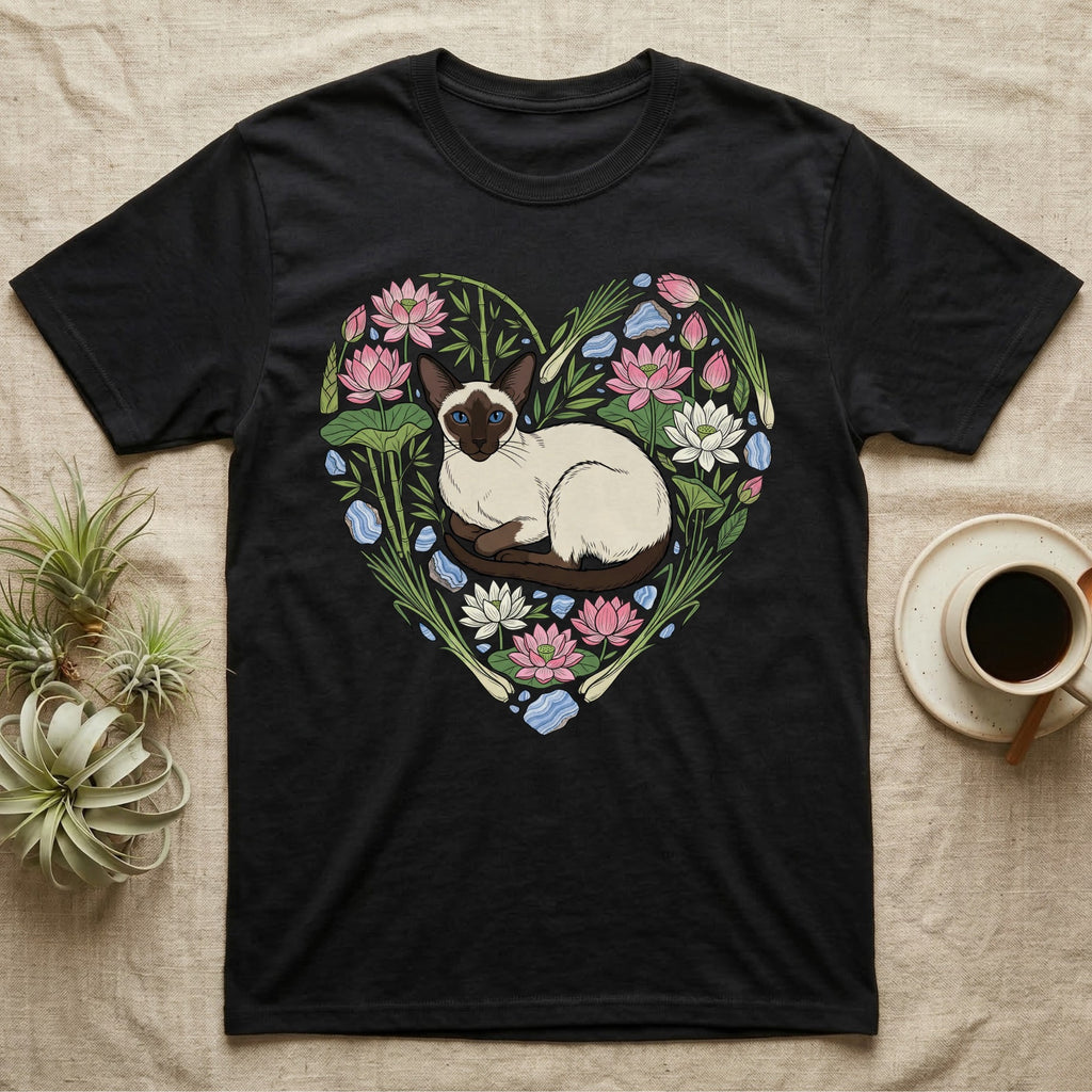 Black t-shirt with a Siamese cat and lotus flowers in a heart shape.