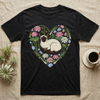 Black t-shirt with a Siamese cat and lotus flowers in a heart shape.