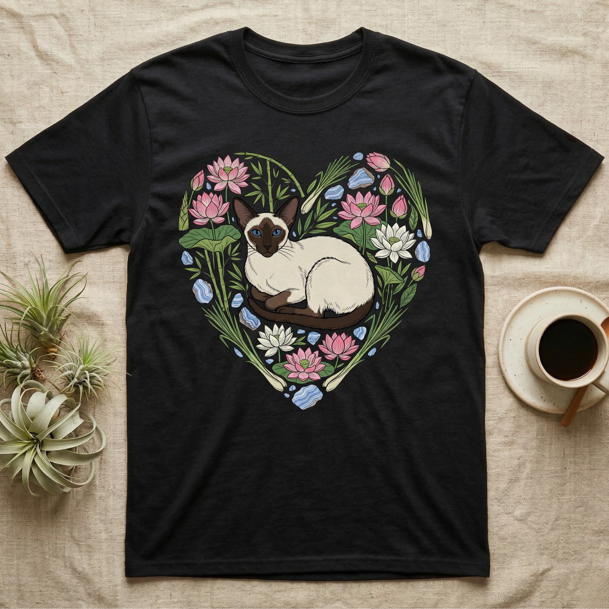 Black t-shirt with a Siamese cat and lotus flowers in a heart shape.