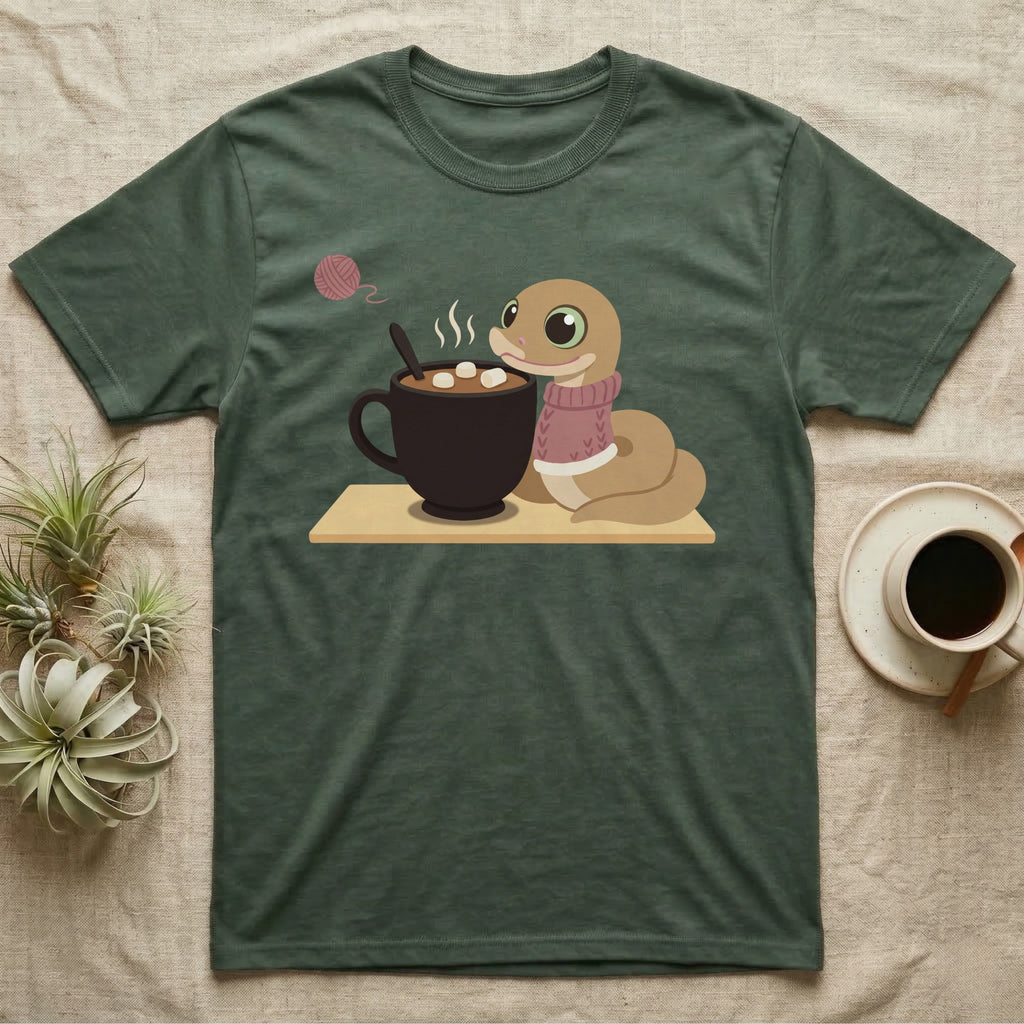Hognose Snake Knitted Sweater T-Shirt in Military Green — Soft-painted illustration of a hognose snake in a knitted jumper resting beside a mug of cocoa with marshmallows.