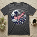 Dark gray t-shirt with pink axolotl in a Japanese wave design.