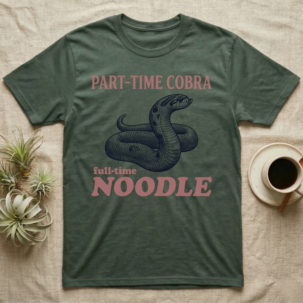 Hognose Snake Noodle T-Shirt in Military Green — Navy engraving of a coiled western hognose snake bluffing with a flattened neck between the words PART-TIME COBRA and full-time NOODLE in rose