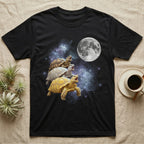 Sulcata Tortoise Moon Howl T-Shirt in Black — Three Sulcata Tortoise colour morphs howling at a full moon over a nebula on a dark grey t-shirt.