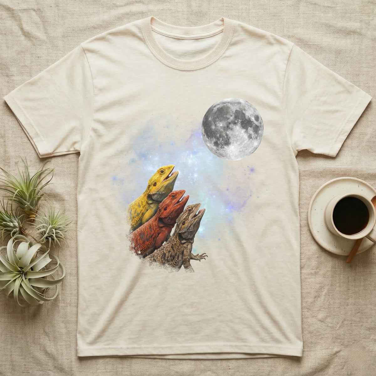 Bearded Dragon Moon Howl T-Shirt in Natural — Three Bearded Dragon colour morphs howling at a full moon over a nebula on a dark grey t-shirt.