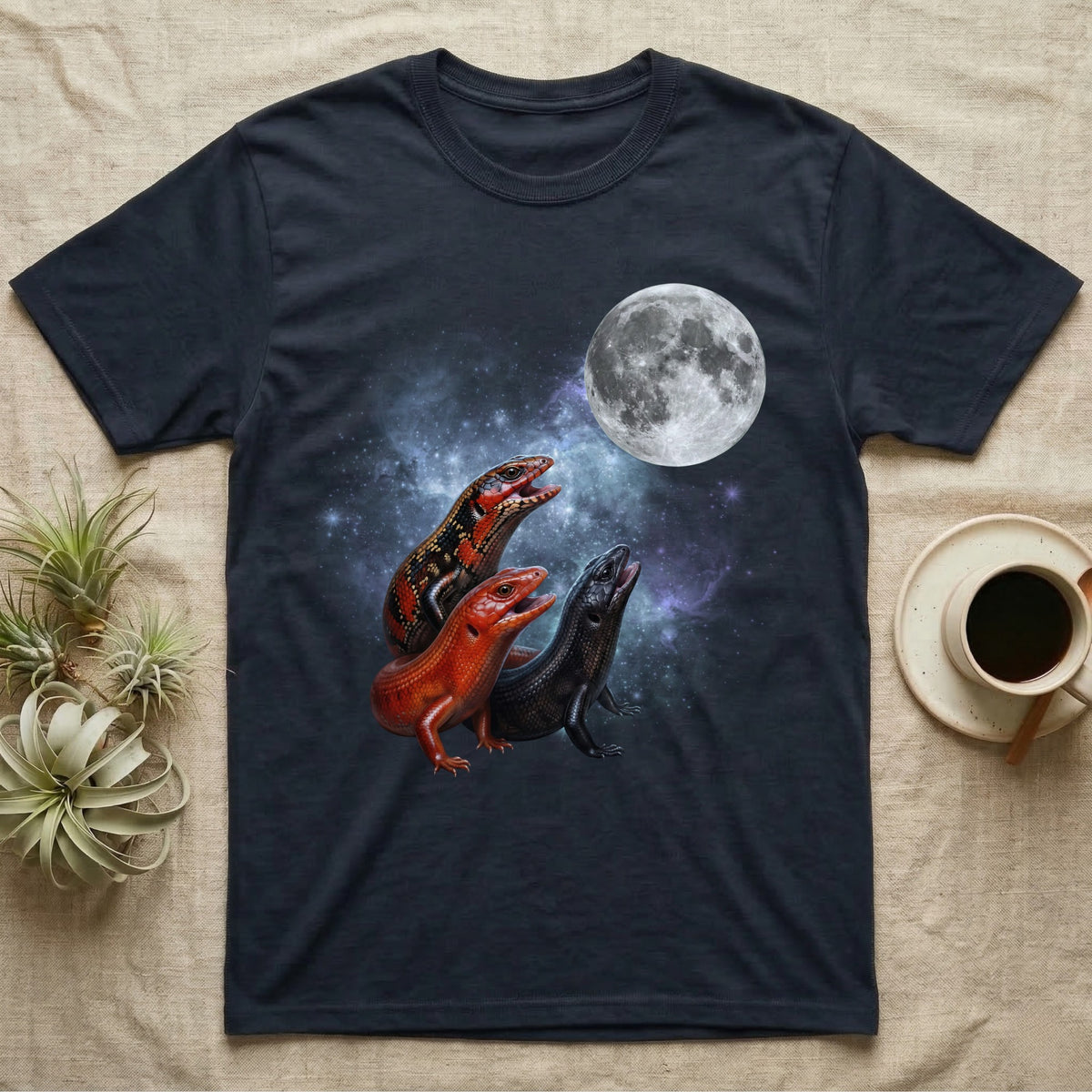 Fire Skink Moon Howl T-Shirt in Navy — Three Fire Skink colour morphs howling at a full moon over a nebula on a dark grey t-shirt.