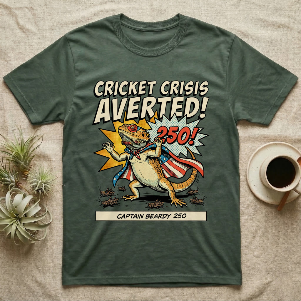 Bearded Dragon Superhero T-Shirt in Military Green — Retro comic bearded dragon superhero in a flag cape with a 250 blast and text Cricket Crisis Averted, Captain Beardy.