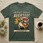 Bearded Dragon Superhero T-Shirt in Military Green — Retro comic bearded dragon superhero in a flag cape with a 250 blast and text Cricket Crisis Averted, Captain Beardy.