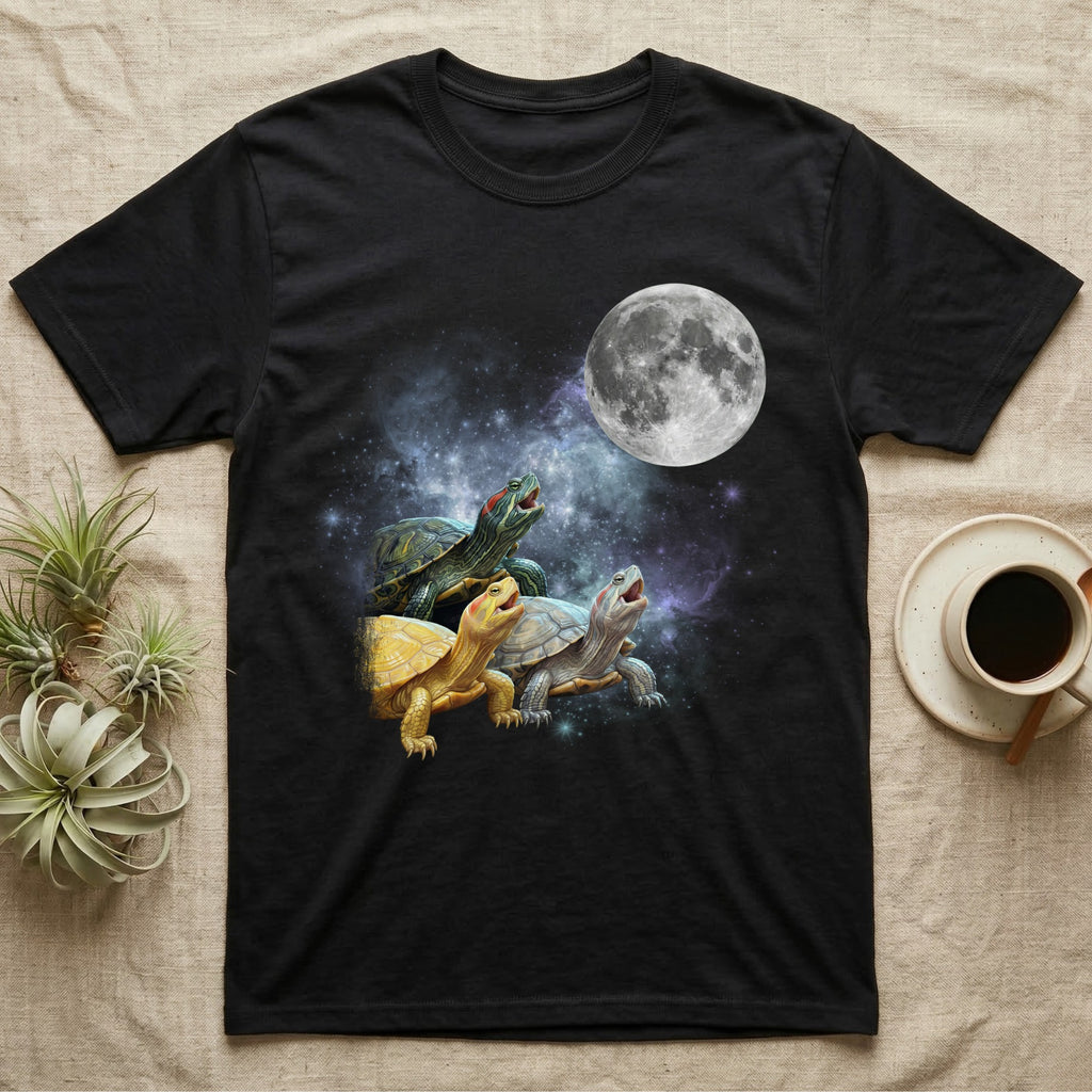 Red-Eared Slider Moon Howl T-Shirt in Black — Three Red-Eared Slider colour morphs howling at a full moon over a nebula on a dark grey t-shirt.