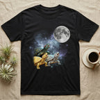 Red-Eared Slider Moon Howl T-Shirt in Black — Three Red-Eared Slider colour morphs howling at a full moon over a nebula on a dark grey t-shirt.