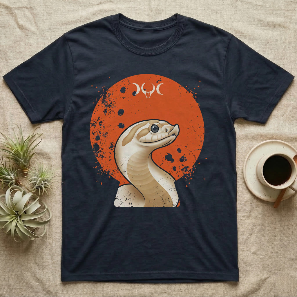 Western Hognose Disc Portrait T-Shirt in Navy — Western hognose snake bust portrait on a flat distressed orange disc in warm sand tones on grey