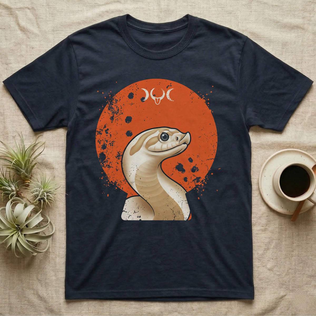 Western Hognose Disc Portrait T-Shirt in Navy — Western hognose snake bust portrait on a flat distressed orange disc in warm sand tones on grey