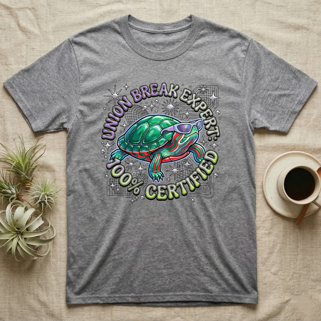 Red-Eared Slider Union Break T-Shirt in Sport Grey — Y2K cartoon red-eared slider turtle in sunglasses with chrome "Union Break Expert 100% Certified" lettering.