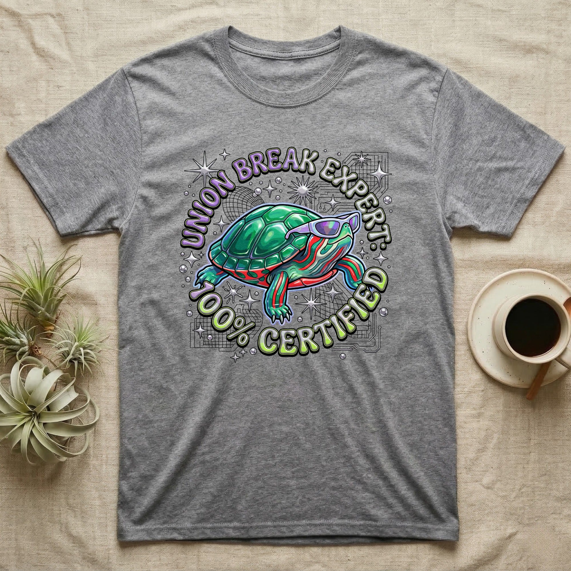 Red-Eared Slider Union Break T-Shirt in Sport Grey — Y2K cartoon red-eared slider turtle in sunglasses with chrome "Union Break Expert 100% Certified" lettering.