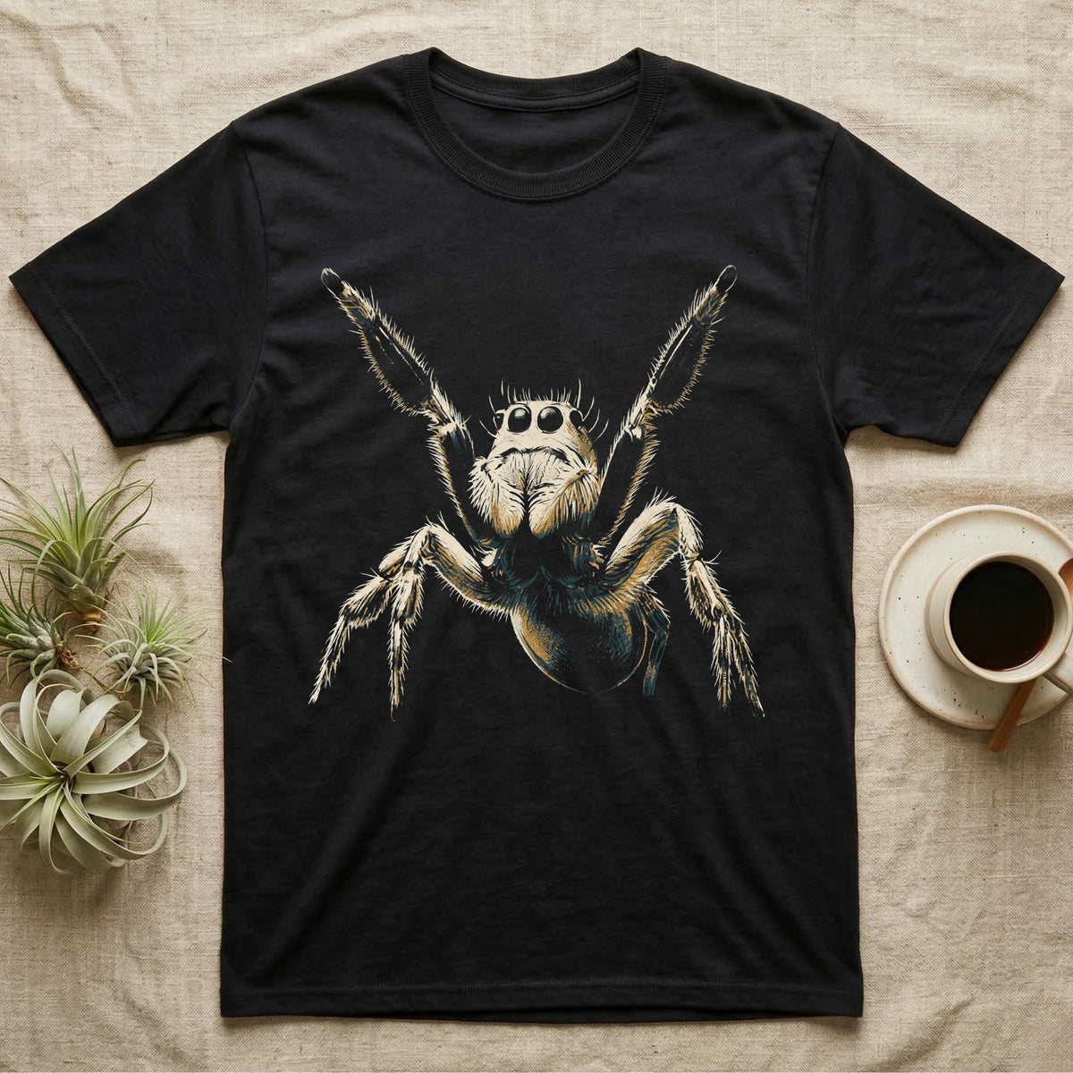 Vintage ink illustration of a regal jumping spider rearing up with both front legs raised in a threat display, halftone shading, no on-shirt text. — shown on a Black tee.