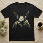 Vintage ink illustration of a regal jumping spider rearing up with both front legs raised in a threat display, halftone shading, no on-shirt text. — shown on a Black tee.
