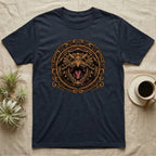 Dark t-shirt with a circular, gold dragon head graphic.