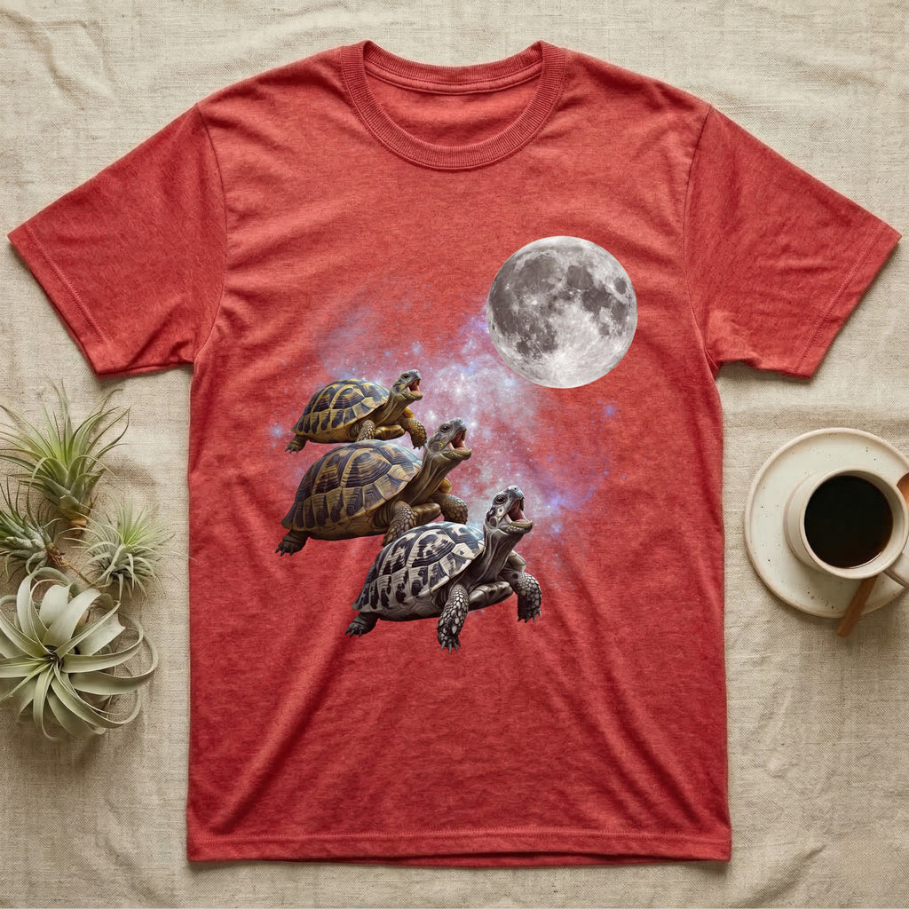 Hermann's Tortoise Moon Howl T-Shirt in Heather Red — Three Hermann's Tortoise colour morphs howling at a full moon over a nebula on a dark grey t-shirt.