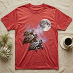 Hermann's Tortoise Moon Howl T-Shirt in Heather Red — Three Hermann's Tortoise colour morphs howling at a full moon over a nebula on a dark grey t-shirt.