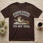 Fat-Tailed Gecko Snacking T-Shirt in Dark Chocolate — Engraved fat-tailed gecko lounging on a stone with mealworms under Stress Eating Goes Straight To My Tail