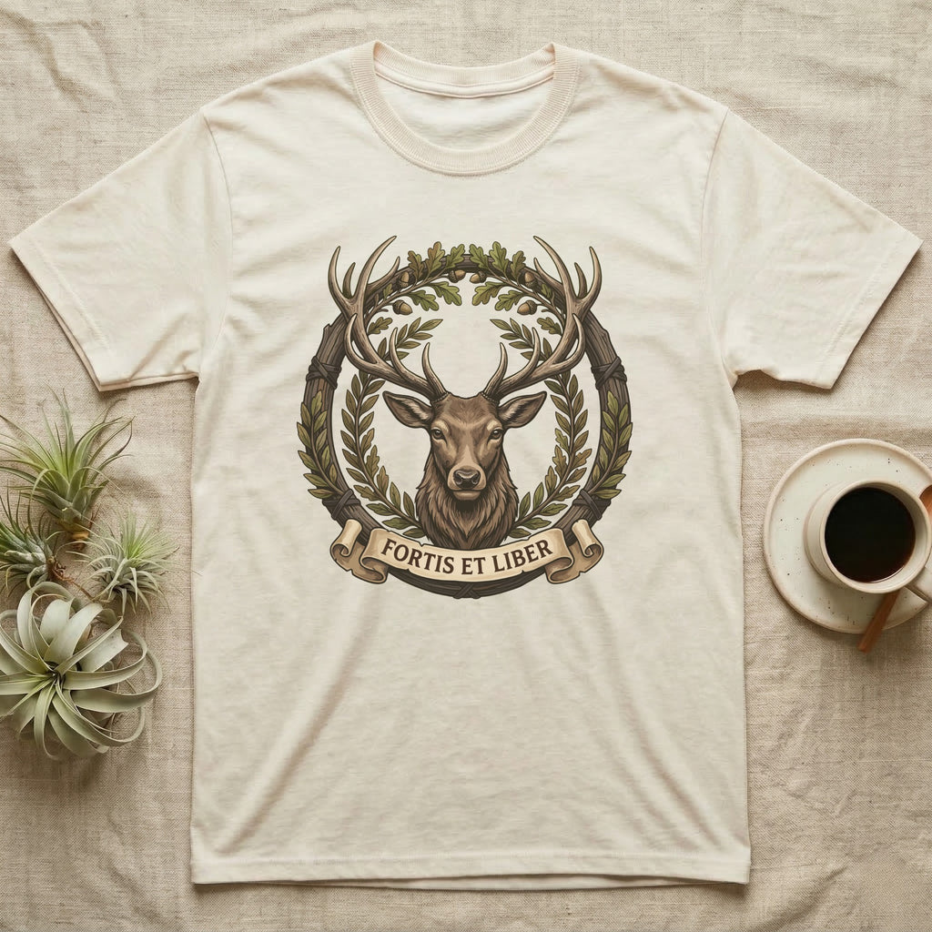 Cream t-shirt with deer head and wreath design, text "Fortis Et Liber".