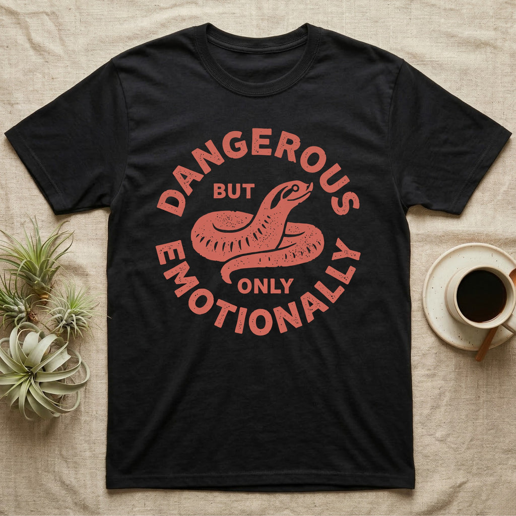Hognose Snake Emotionally Dangerous T-Shirt in Black — Block-print western hognose snake reared in one terracotta ink, ringed by the words DANGEROUS BUT ONLY EMOTIONALLY.