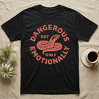 Hognose Snake Emotionally Dangerous T-Shirt in Black — Block-print western hognose snake reared in one terracotta ink, ringed by the words DANGEROUS BUT ONLY EMOTIONALLY.