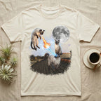 Siamese cats on a rooftop with a moon and laser beams.