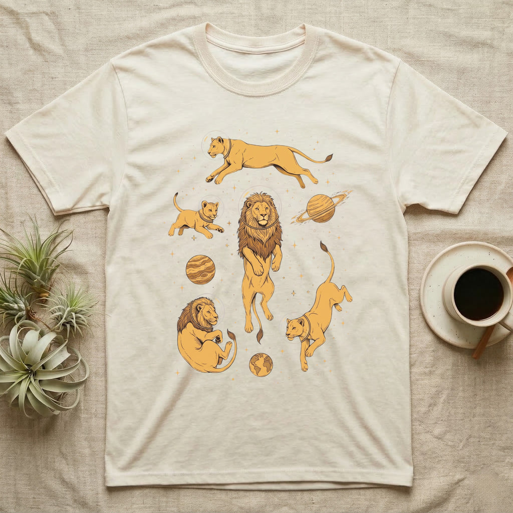 Cream t-shirt with line art illustrations of lions and planets in yellow.
