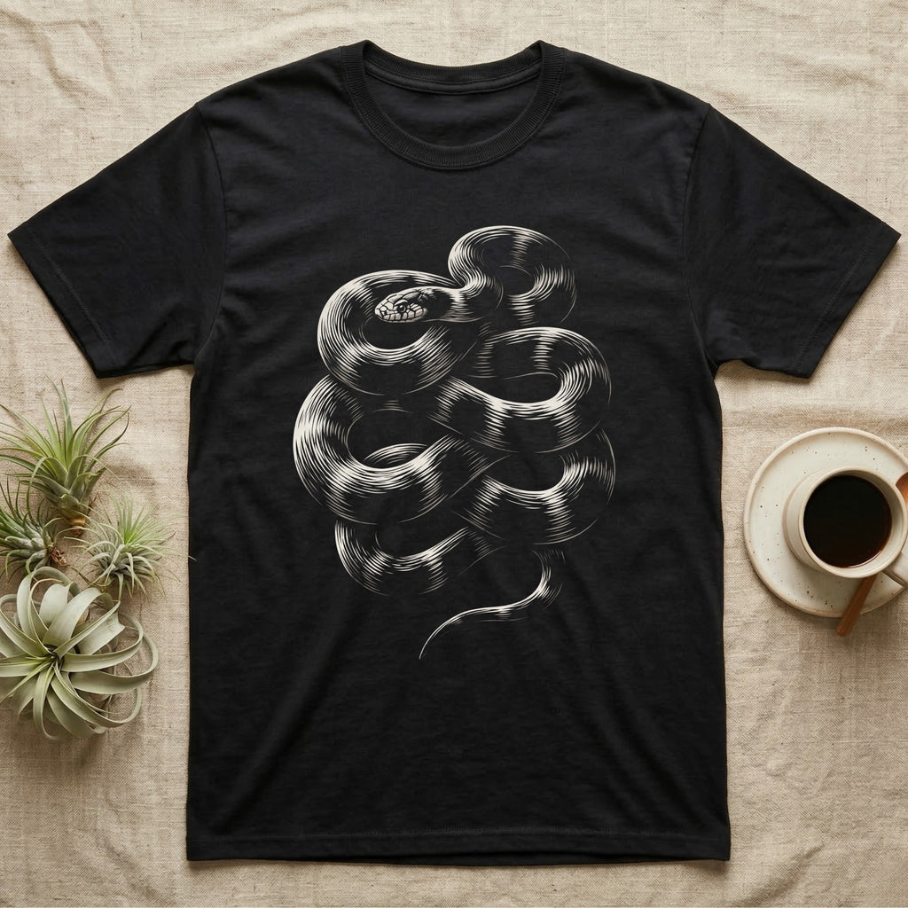 California Kingsnake Coil T-Shirt in Black — Cream rim-light drawing of a coiled California kingsnake on near-black, its banding tracing the coil