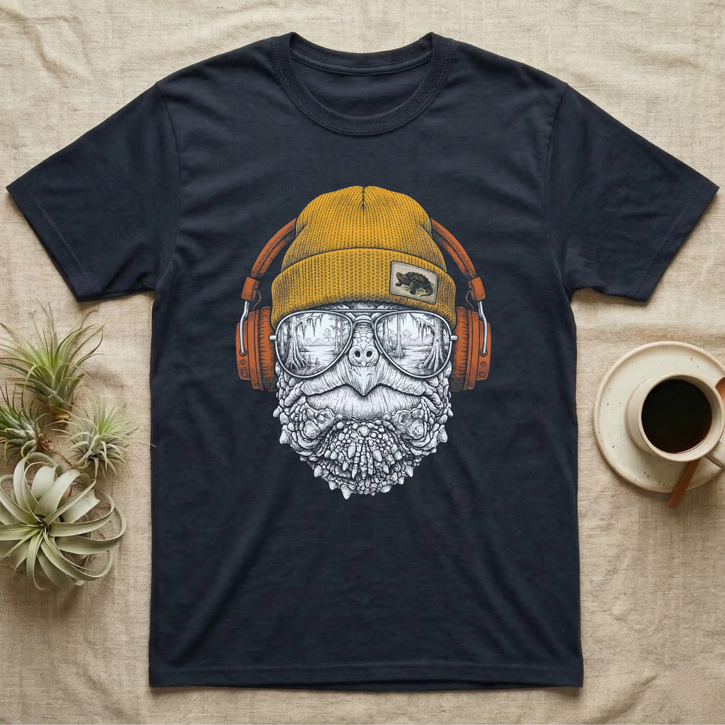 Snapping Turtle Headphones T-Shirt in Navy — Engraved alligator snapping turtle with spiked skin and hooked beak, in a beanie and headphones, swamp reflection.